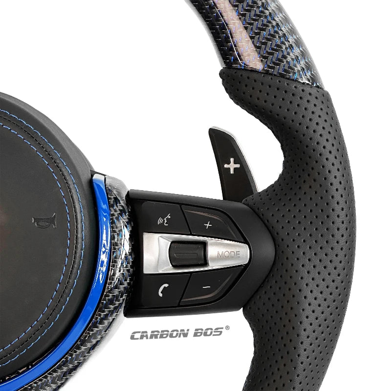 Carbon Fiber Steering Wheel for BMW F06 F20 F22 F30 F36 F15 F25 F16 M3 M4 M5 – Blue/Gold Accents